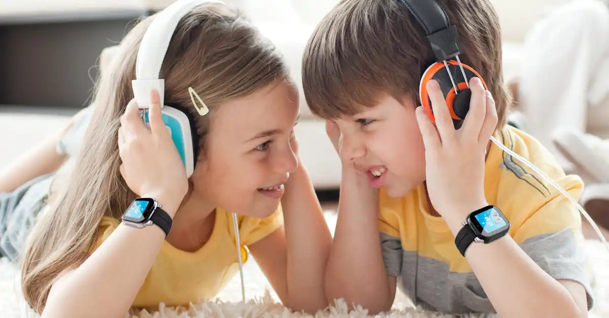 Two children wearing headphones and smartwatches.